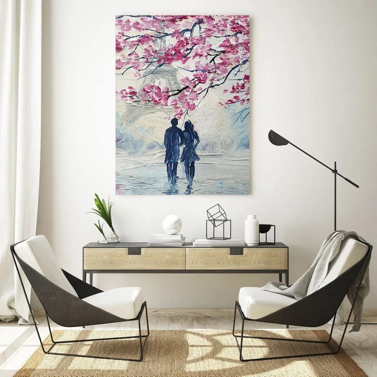 Impression sur verre - Image sur verre - Un couple sous des arbres roses en fleurs dans un cadre romantique - 70x100cm - Ballade romantique - Décoration murale moderne pour le salon et la chambre ARTTOR