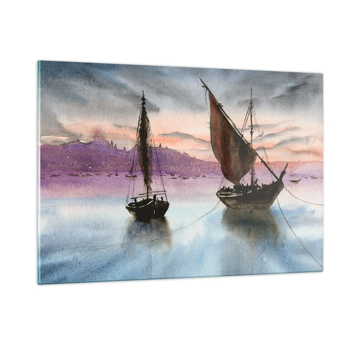 Impression sur verre - Image sur verre - Deux voiliers sur une eau calme au coucher du soleil - 120x80cm - Soirée au port - Décoration murale moderne pour le salon et la chambre ARTTOR