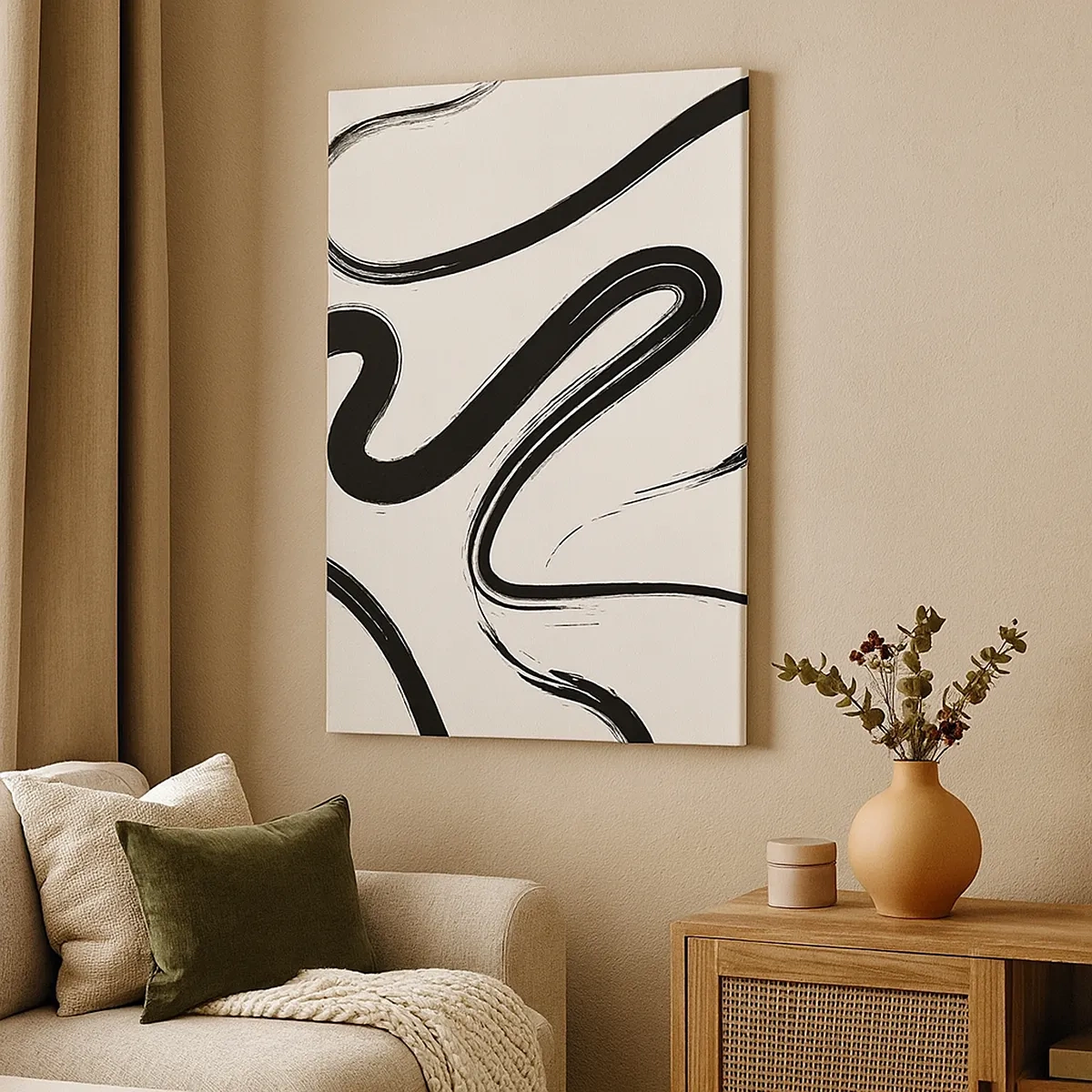 Impression sur toile - Image sur toile - Lignes courbes noires et blanches sur fond clair - 50x70cm - Fantaisie en noir et blanc - Décoration murale moderne pour le salon et la chambre ARTTOR