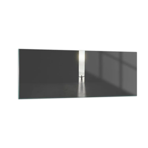 Impression sur verre - Image sur verre - Un homme debout dans la lumière d'une fente étroite dans un espace sombre - 140x50cm - Étape vers un avenir radieux - Décoration murale moderne pour le salon et la chambre ARTTOR