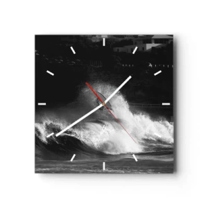 Horloge murale - Pendule murale - Un surfeur sur une vague en monochrome - 30x30cm - Défi accepté! - Décoration murale moderne pour le salon et la chambre ARTTOR