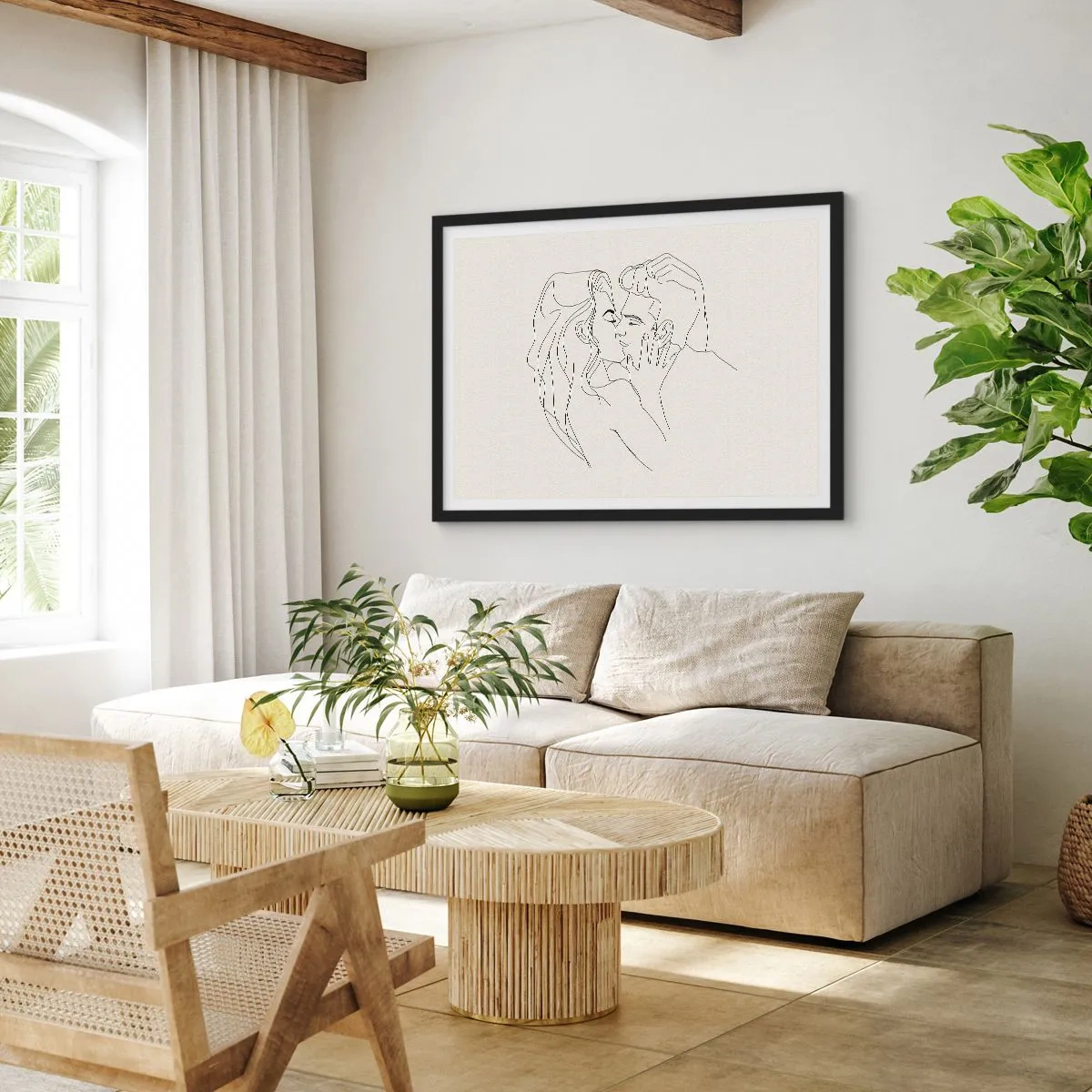 Affiche dans un cadre noir - Poster - Une illustration minimaliste d'un couple dans une étreinte amoureuse - 70x50cm - Enlacé de sentiment - Décoration murale moderne pour le salon et la chambre ARTTOR