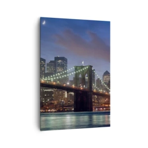 Impression sur toile - Image sur toile - Pont de New York la nuit avec bâtiments illuminés - 70x100cm - Nuit rougeoyante - Décoration murale moderne pour le salon et la chambre ARTTOR
