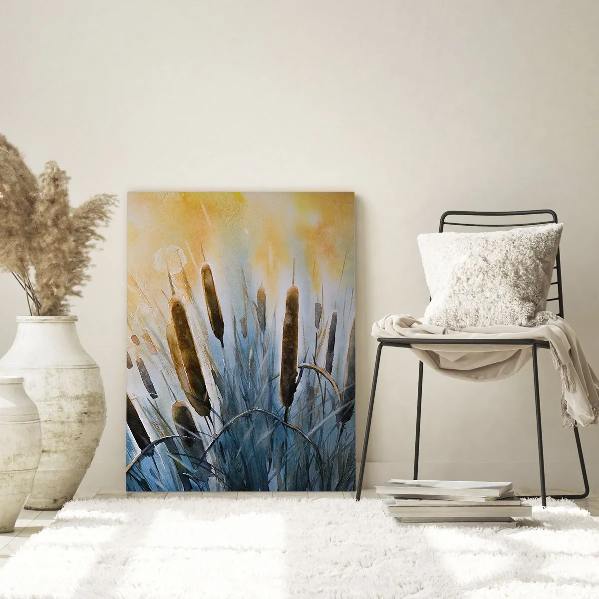 Impression sur verre - Image sur verre - Roseaux pittoresques sous les rayons du soleil - 80x120cm - Fraicheur de l'eau, chaleur du soleil - Décoration murale moderne pour le salon et la chambre ARTTOR