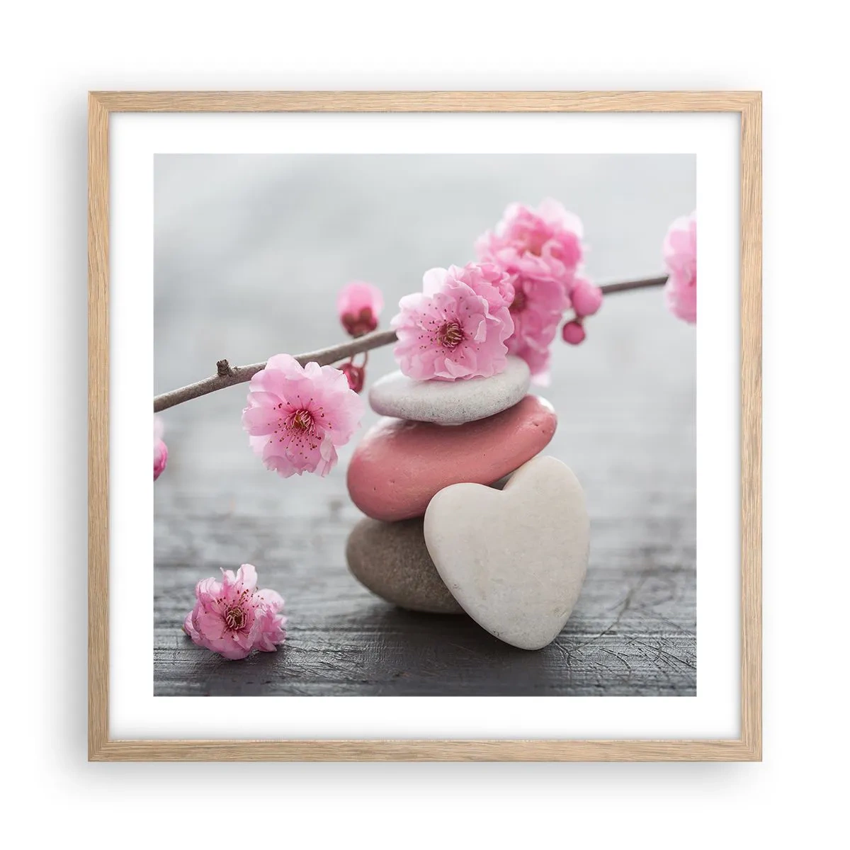 Affiche dans un chêne clair - Poster - Le bonheur avec une fleur de cerisier - 50x50 cm