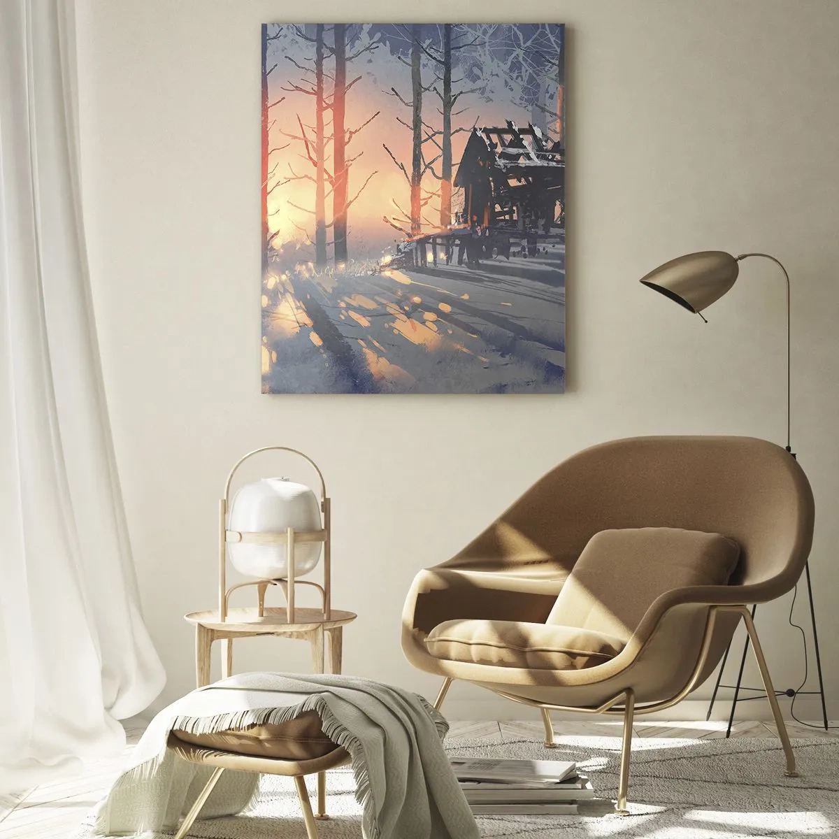 Impression sur verre - Image sur verre - Un chalet forestier dans un paysage hivernal avec les rayons du soleil couchant - 80x120cm - Seul le soleil regarde ici - Décoration murale moderne pour le salon et la chambre ARTTOR