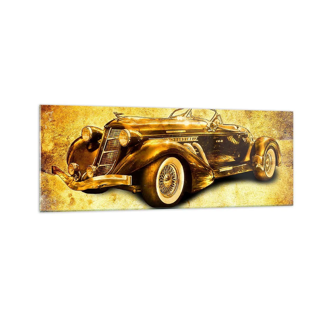 Impression sur verre - Image sur verre - Un cabriolet rétro doré classique sur un fond vintage aux couleurs chaudes. - 140x50cm - L'élite de l'élite - Décoration murale moderne pour le salon et la chambre ARTTOR