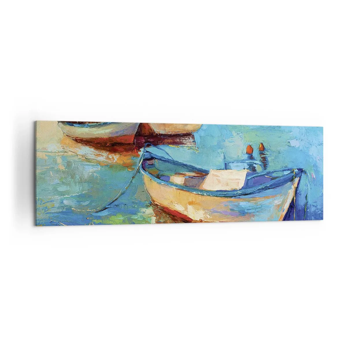 Impression sur toile - Image sur toile - Bateaux colorés amarrés sur une eau calme - 160x50cm - Dans la baie du sud - Décoration murale moderne pour le salon et la chambre ARTTOR