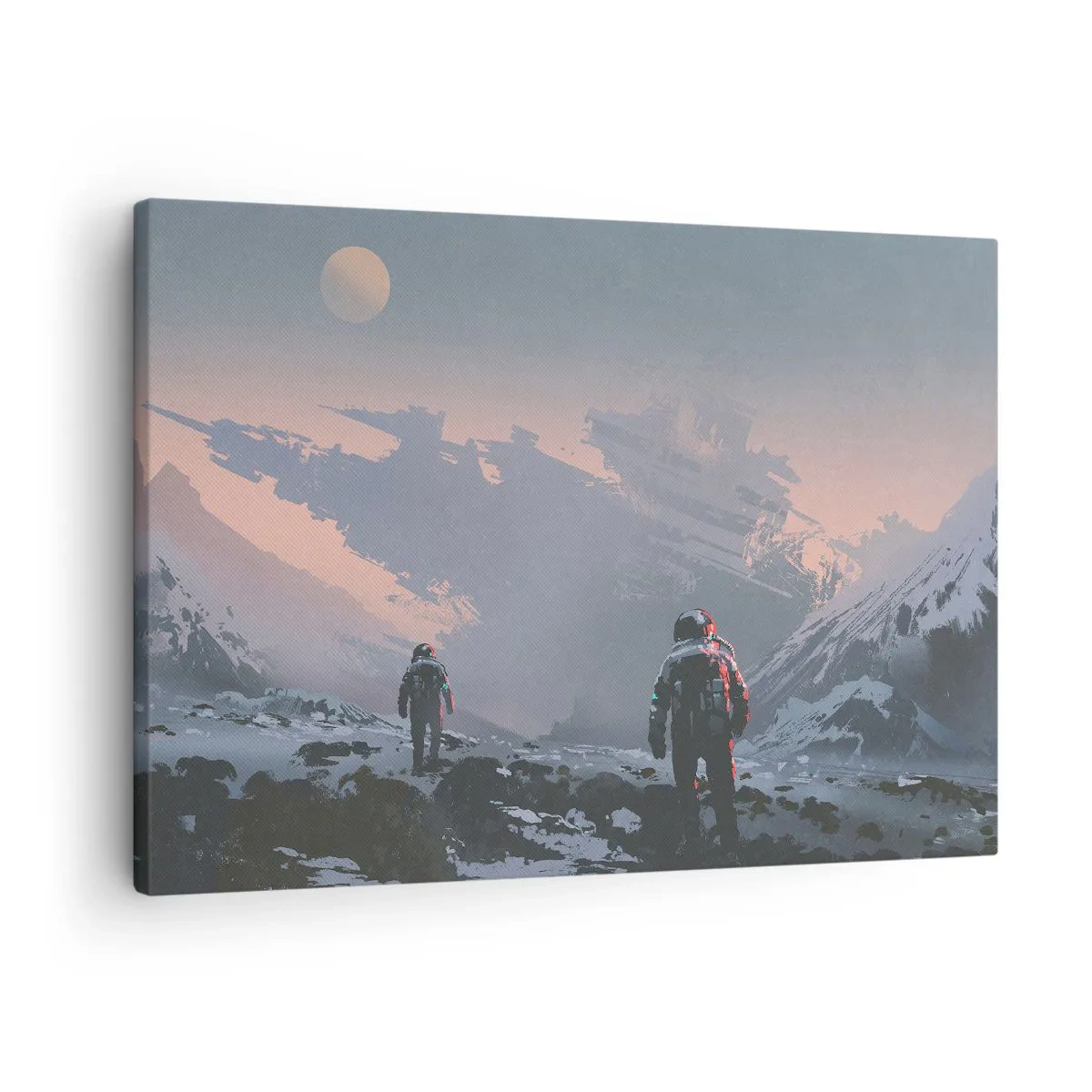 Impression sur toile - Image sur toile - Des astronautes sur une planète extraterrestre avec une épave de vaisseau spatial - 70x50cm - Sous une étoile inconnue - Décoration murale moderne pour le salon et la chambre ARTTOR