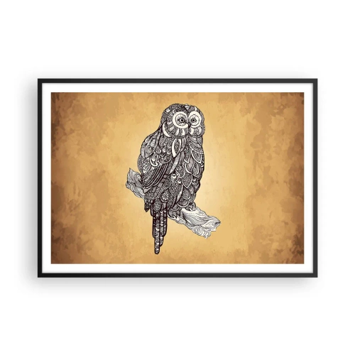 Affiche dans un cadre noir - Poster - Un hibou de style ornemental sur fond beige - 100x70cm - Ornements complexes de sagesse - Décoration murale moderne pour le salon et la chambre ARTTOR