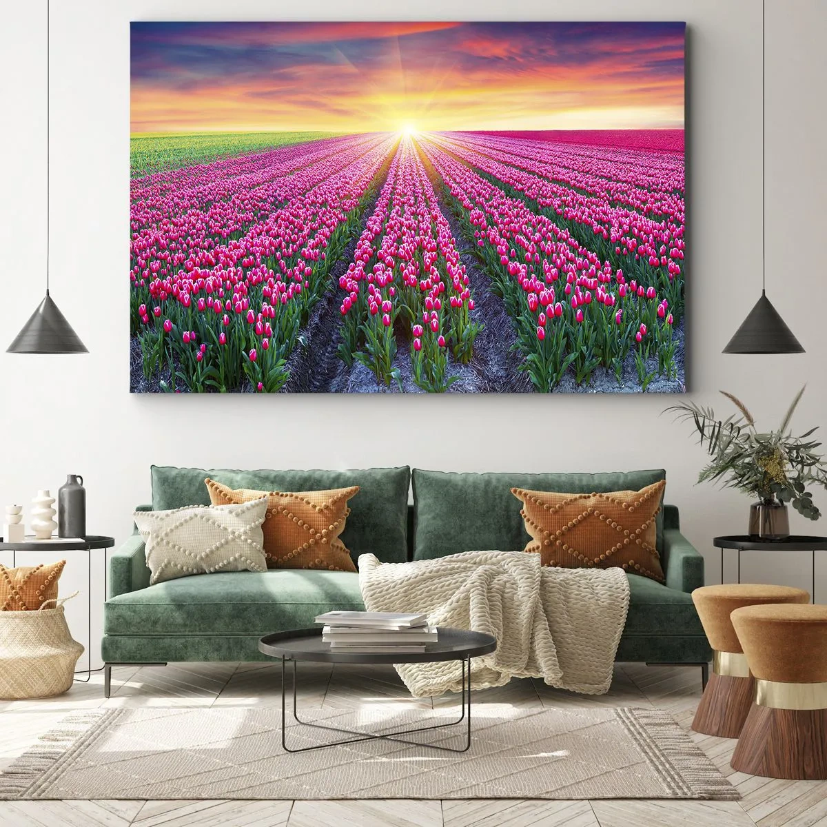 Impression sur toile - Image sur toile - Un champ de tulipes au coucher du soleil - 70x50cm - Ferme de la beauté - Décoration murale moderne pour le salon et la chambre ARTTOR