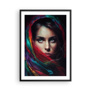 Affiche dans un cadre noir - Poster - Portrait d'une femme portant un foulard coloré - 50x70cm - Mystère aux yeux verts - Décoration murale moderne pour le salon et la chambre ARTTOR
