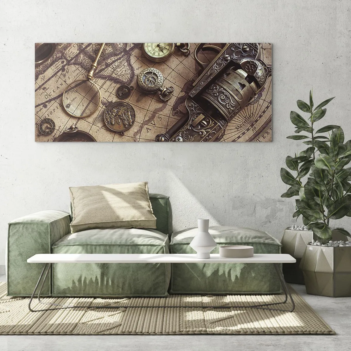 Impression sur verre - Image sur verre - Objets anciens sur une vieille carte dans un style rétro - 120x50cm - L'aventure appelle - Décoration murale moderne pour le salon et la chambre ARTTOR