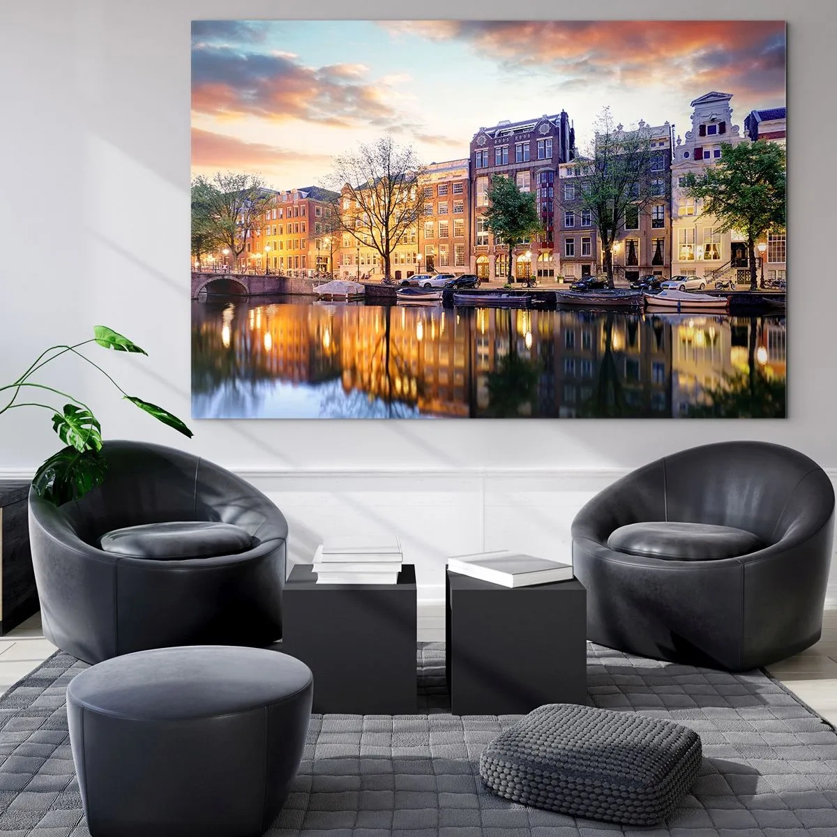 Impression sur verre - Image sur verre - Canal d'Amsterdam au coucher du soleil avec reflet dans l'eau - 70x50cm - Beauté hollandaise sobre et sereine - Décoration murale moderne pour le salon et la chambre ARTTOR