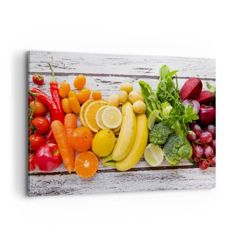 Impression sur toile - Image sur toile - Fruits et légumes colorés sur fond de bois - 120x80cm - Ce n'est pas suffisant? - Décoration murale moderne pour le salon et la chambre ARTTOR
