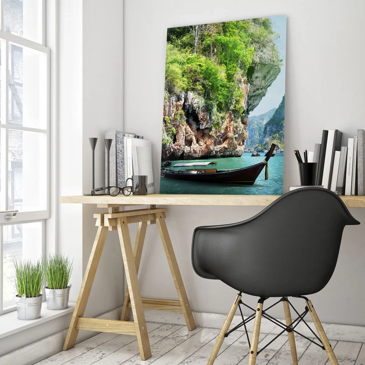 Impression sur verre - Image sur verre - Un bateau traditionnel sur une eau turquoise entre des falaises - 50x70cm - Une invitation à un voyage exotique - Décoration murale moderne pour le salon et la chambre ARTTOR