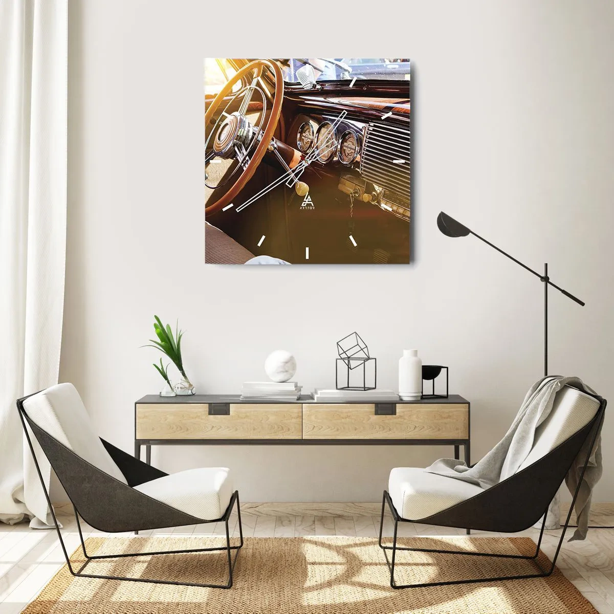 Horloge murale - Pendule murale - Gros plan de l'intérieur d'une voiture classique avec des détails en bois et en chrome. - 30x30cm - Souffle de luxe venu du passé - Décoration murale moderne pour le salon et la chambre ARTTOR