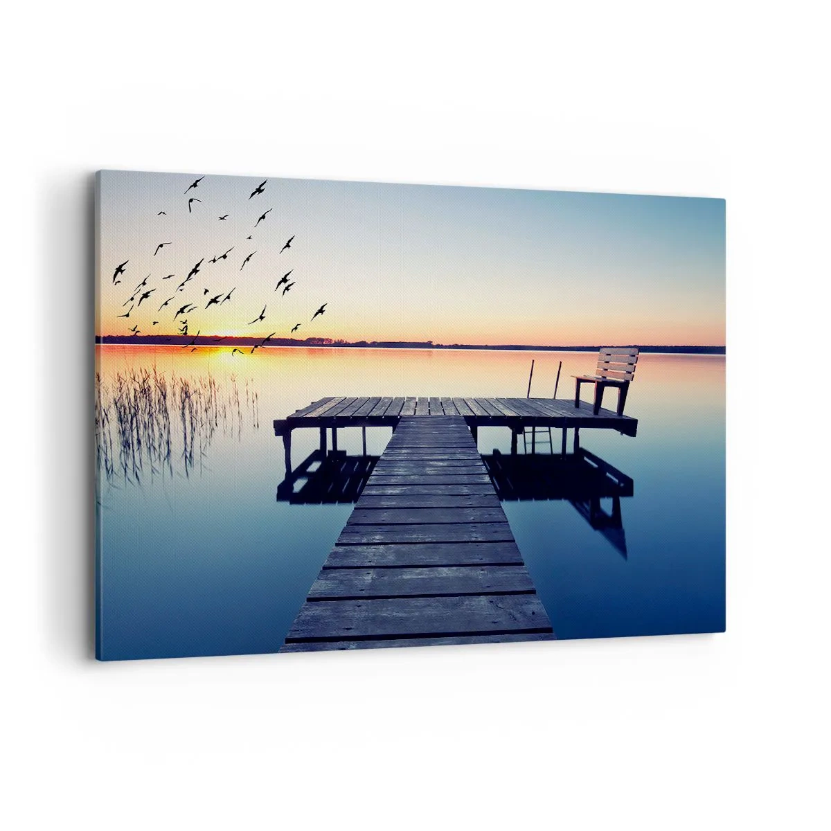 Impression sur toile - Image sur toile - Jetée en bois sur un lac au lever du soleil avec des oiseaux - 120x80cm - C'était une bonne journée - Décoration murale moderne pour le salon et la chambre ARTTOR