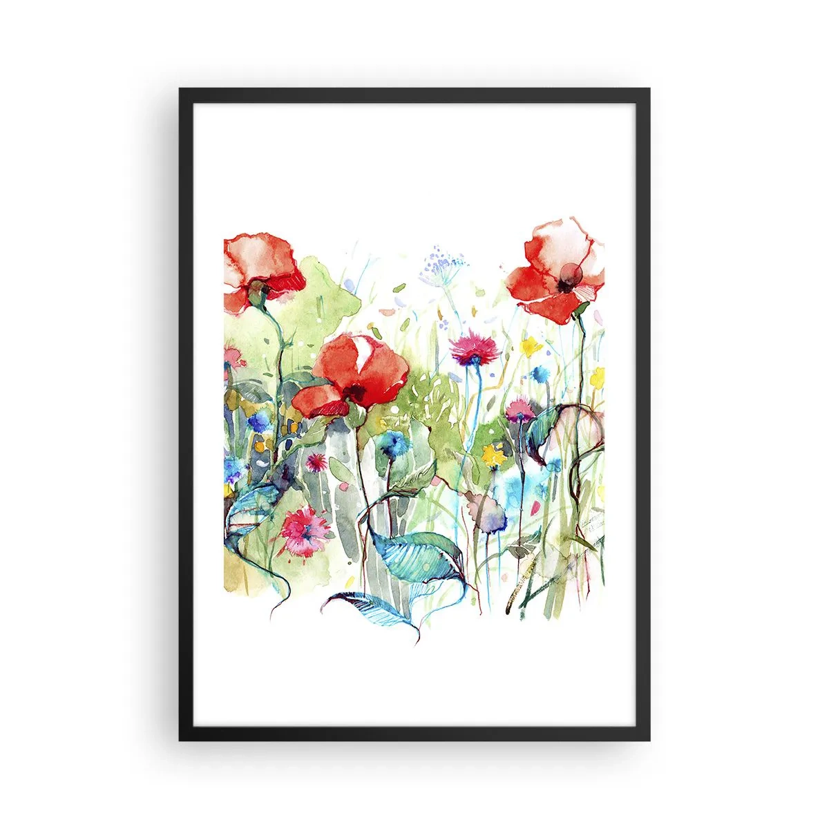 Affiche dans un cadre noir - Poster - Une aquarelle représentant une prairie avec des coquelicots et des fleurs sauvages. - 50x70cm - Prairie de fleurs en mai - Décoration murale moderne pour le salon et la chambre ARTTOR