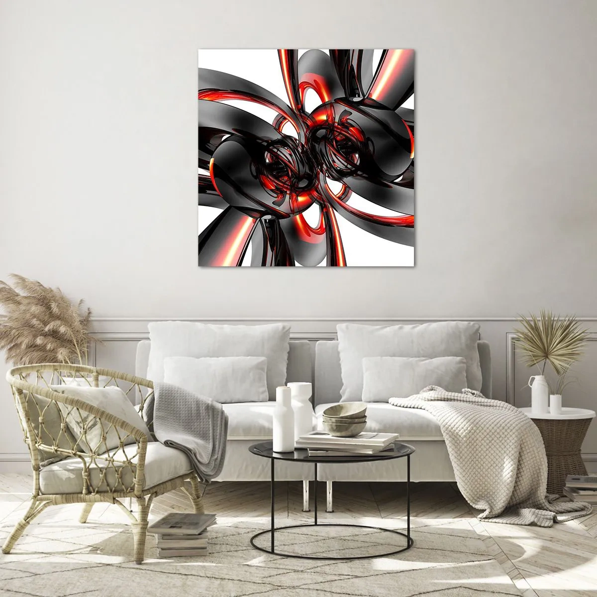 Impression sur verre - Image sur verre - Mouvement de graphite et rouge - 60x60 cm