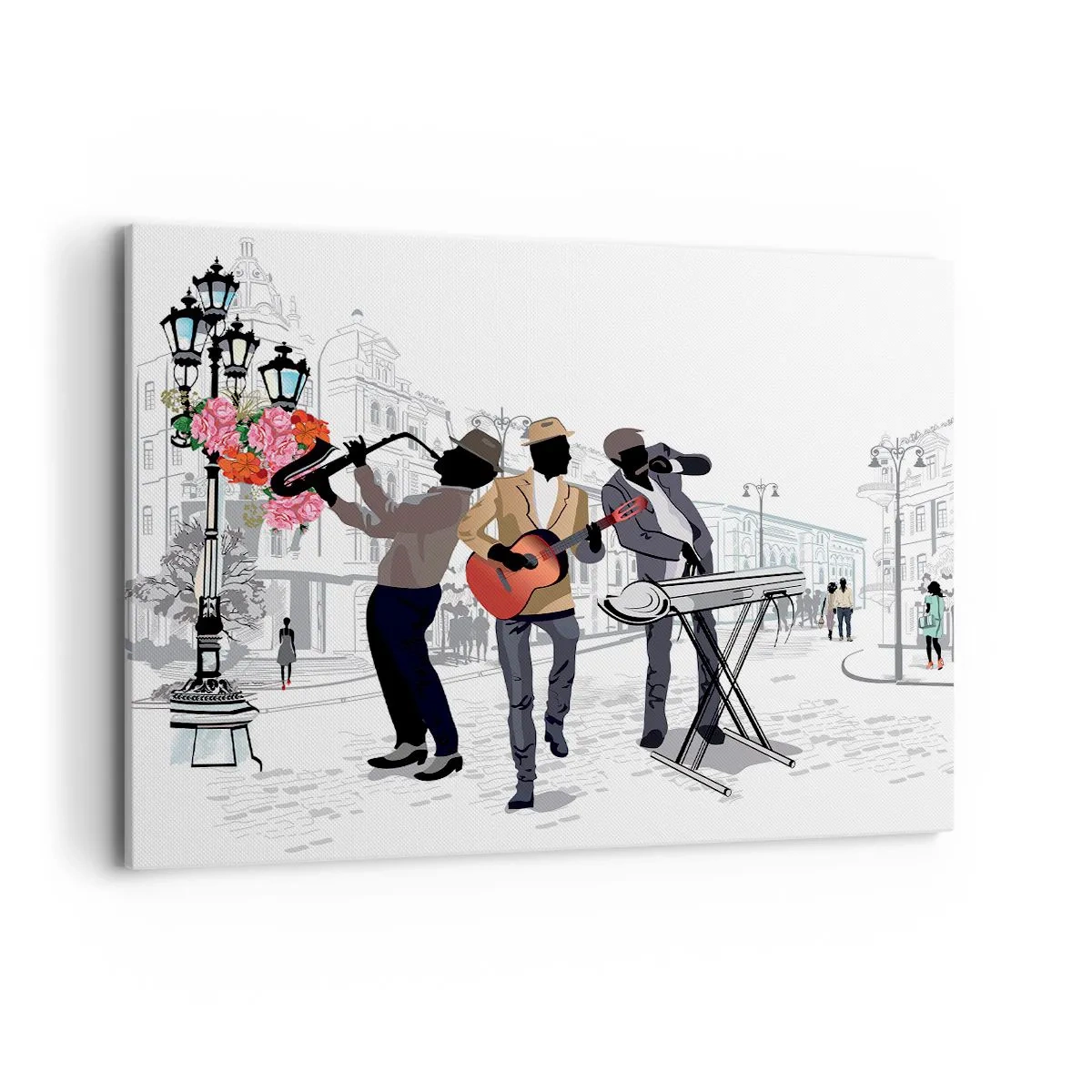 Impression sur toile - Image sur toile - Des musiciens de rue jouent dans un paysage urbain - 120x80cm - Musique de rue - Décoration murale moderne pour le salon et la chambre ARTTOR