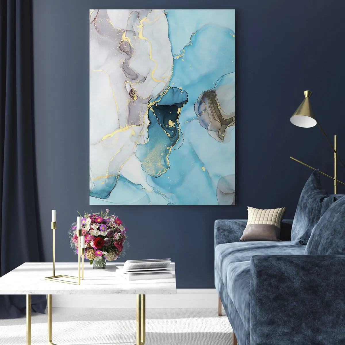 Impression sur verre - Image sur verre - Abstraction dans les tons de bleu et d'or avec des lignes subtiles - 80x120cm - Etude de la rencontre gris et turquoise - Décoration murale moderne pour le salon et la chambre ARTTOR