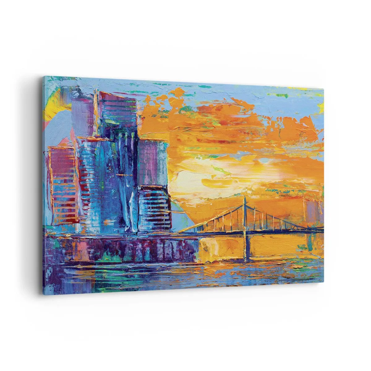 Impression sur toile - Image sur toile - Une ville colorée avec un pont au soleil couchant - 120x80cm - Culture et nature - Décoration murale moderne pour le salon et la chambre ARTTOR