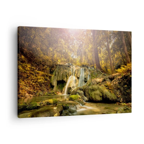 Impression sur toile - Image sur toile - Une cascade forestière sous les rayons du soleil, entourée de verdure - 70x50cm - Cascade de forêt en vert - Décoration murale moderne pour le salon et la chambre ARTTOR