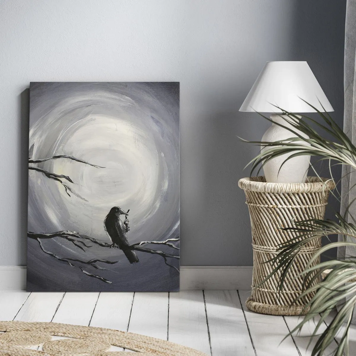 Impression sur toile - Image sur toile - Oiseau noir sur une branche au clair de lune - 80x120cm - La clé du mystère de la nuit - Décoration murale moderne pour le salon et la chambre ARTTOR