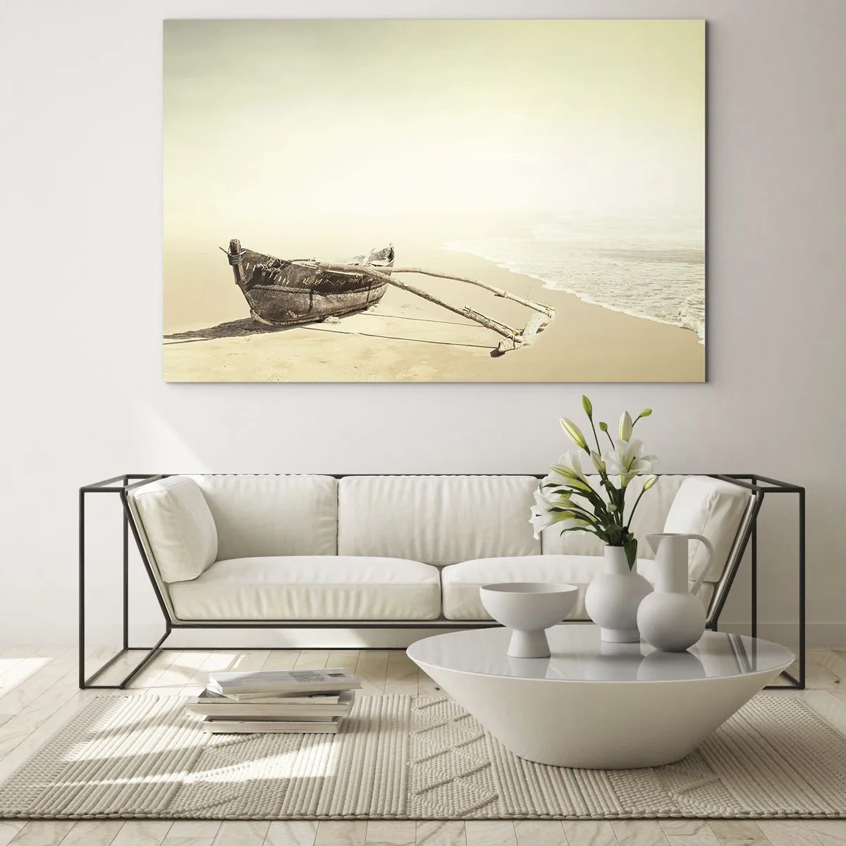 Impression sur verre - Image sur verre - Un vieux bateau de pêche sur le sable au bord de la mer - 100x70cm - Mémoire des mers du sud - Décoration murale moderne pour le salon et la chambre ARTTOR