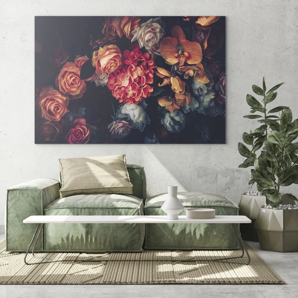 Impression sur verre - Image sur verre - Composition florale sombre avec des roses et des orchidées - 120x80cm - Comme chez les maîtres hollandais - Décoration murale moderne pour le salon et la chambre ARTTOR