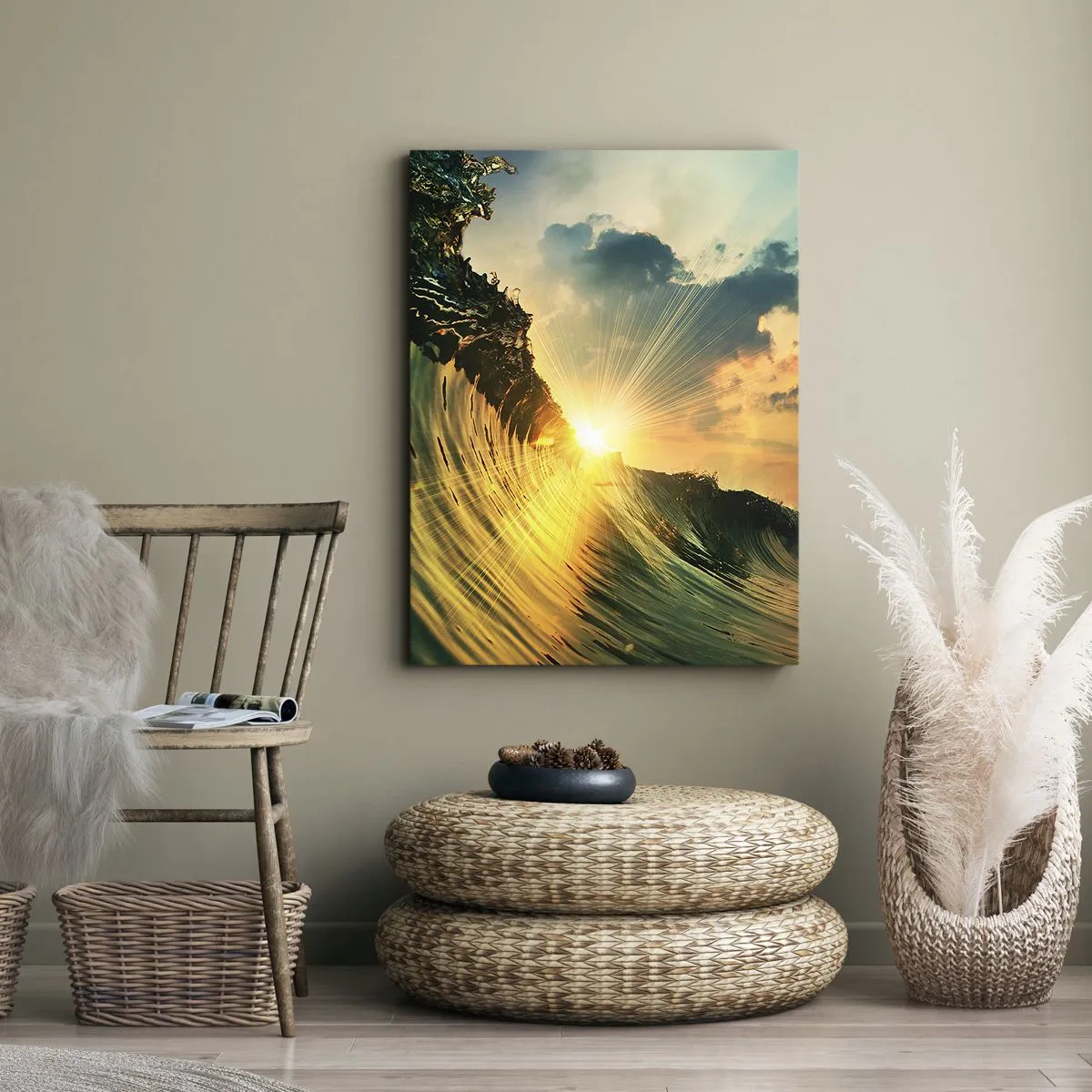 Impression sur toile - Image sur toile - Une vague avec le soleil couchant et les nuages illuminés - 70x100cm - Surfeur, où es-tu ? - Décoration murale moderne pour le salon et la chambre ARTTOR