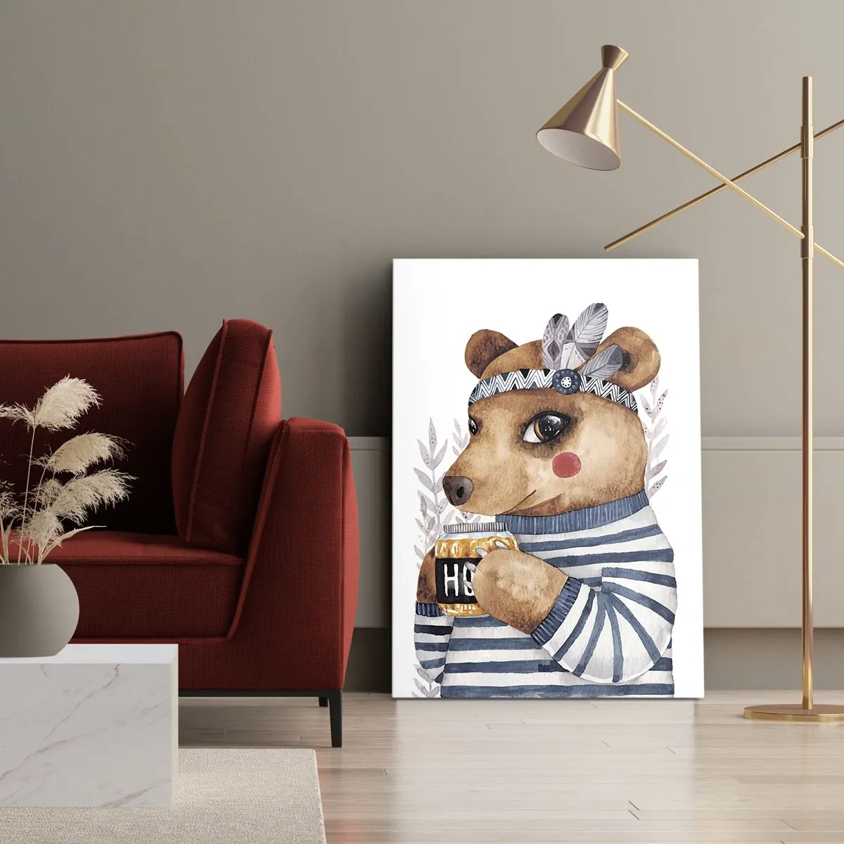 Impression sur toile - Image sur toile - Un ours en peluche dans un pull rayé avec une tasse de miel - 70x100cm - Un nounours trop mignon - Décoration murale moderne pour le salon et la chambre ARTTOR