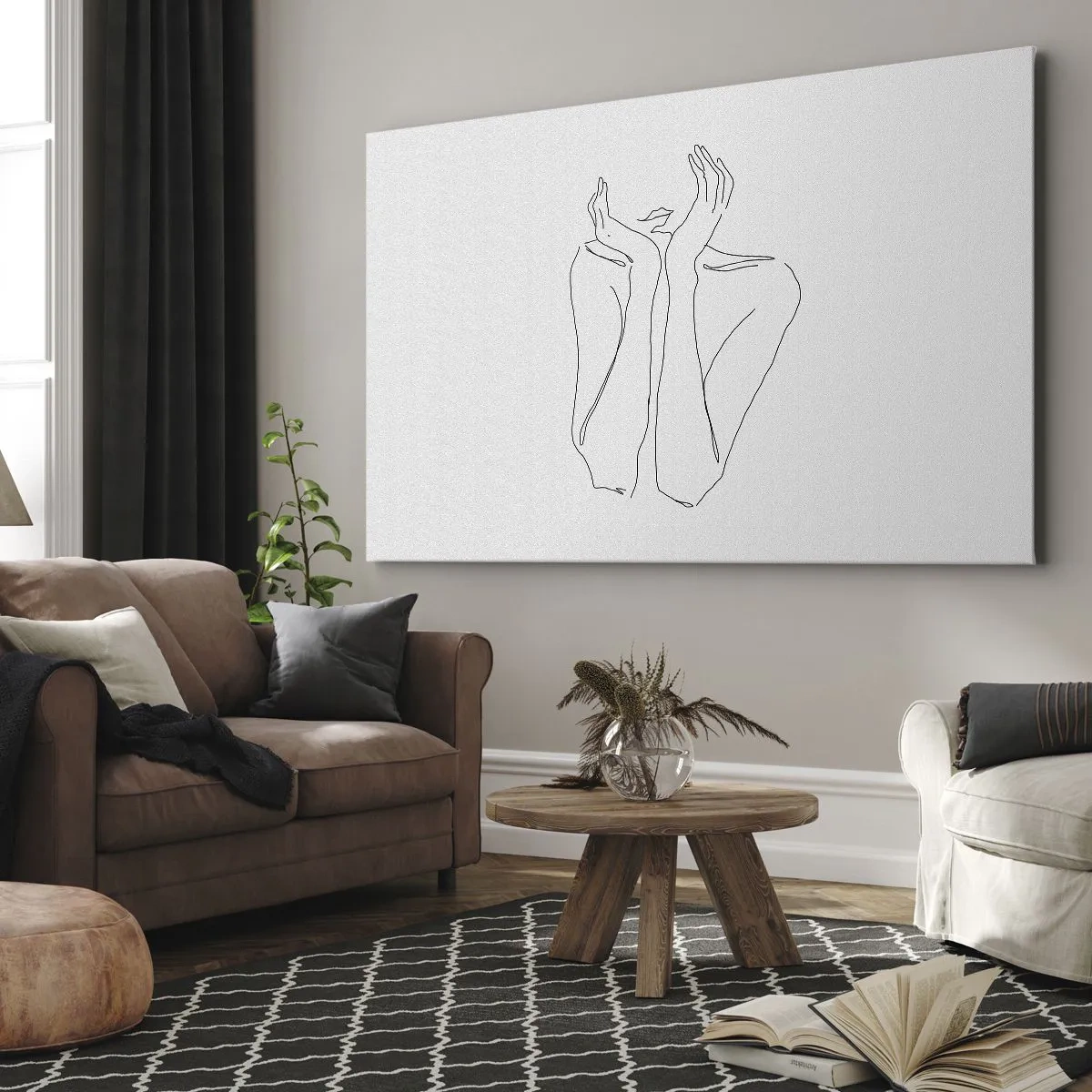 Impression sur toile - Image sur toile - Dessin au trait minimaliste du visage et des mains - 70x50cm - De quoi rêvent les femmes - Décoration murale moderne pour le salon et la chambre ARTTOR
