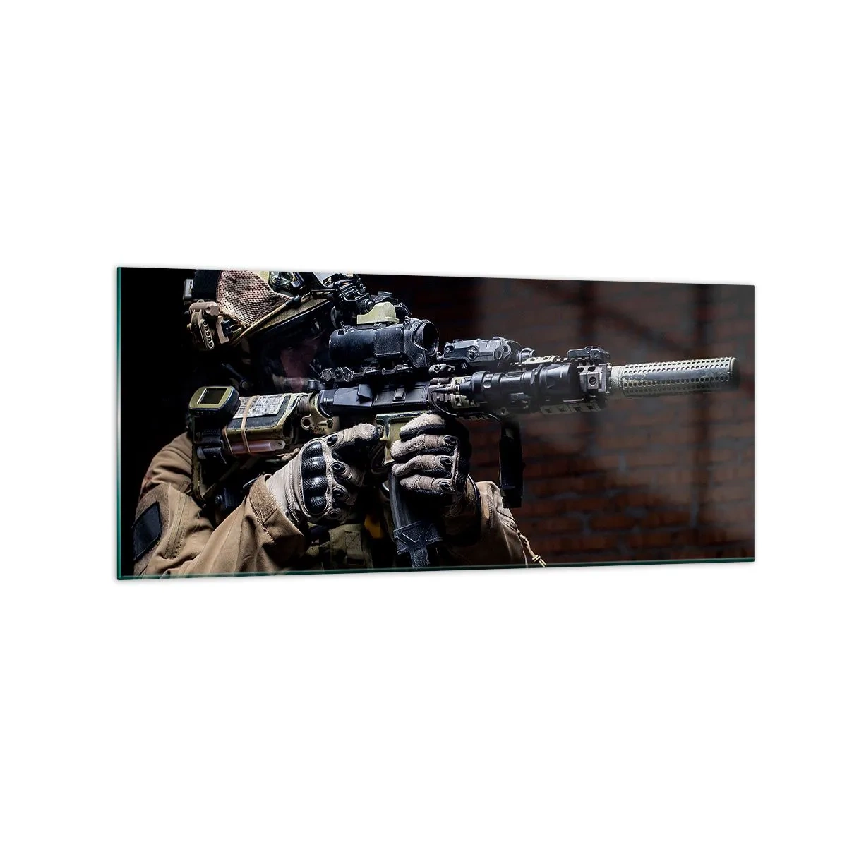 Impression sur verre - Image sur verre - Un soldat en équipement complet avec un fusil - 120x50cm - Meurtrier efficace - Décoration murale moderne pour le salon et la chambre ARTTOR