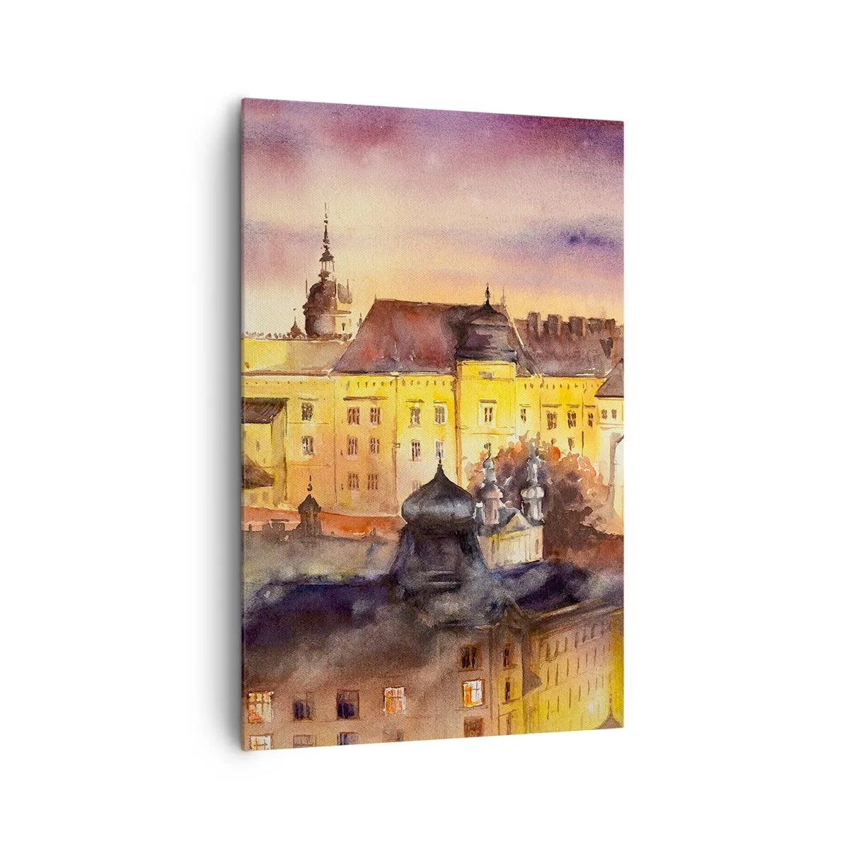 Impression sur toile - Image sur toile - Une aquarelle pittoresque d'un château au coucher du soleil - 80x120cm - Histoire et conte de fées - Décoration murale moderne pour le salon et la chambre ARTTOR