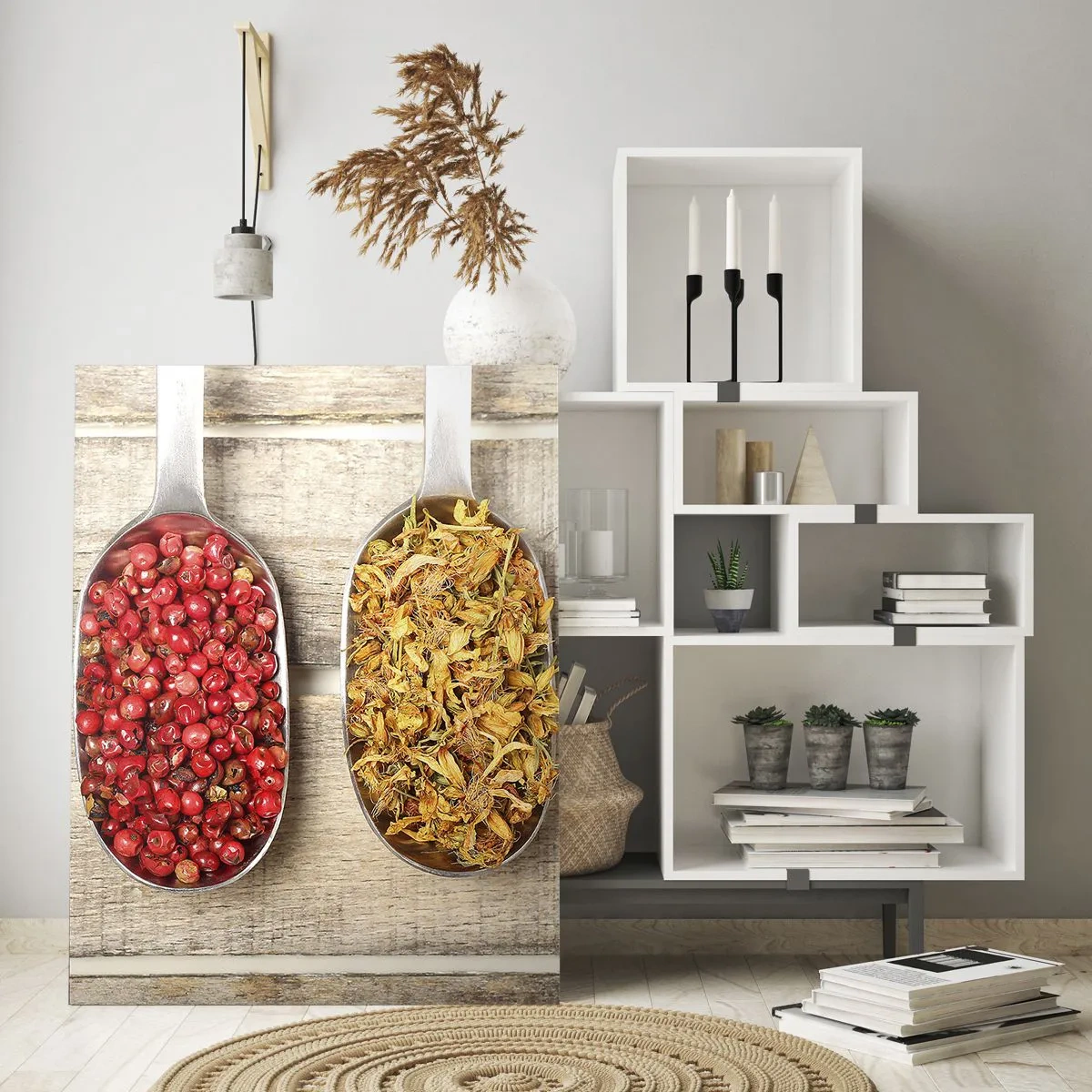 Impression sur verre - Image sur verre - Trois cuillères en métal avec des épices sur un fond en bois - 80x120cm - Magie de la cuisine - Décoration murale moderne pour le salon et la chambre ARTTOR