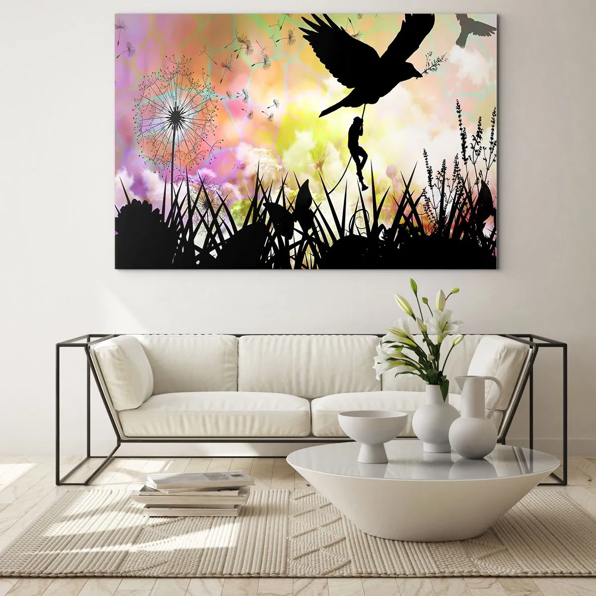 Impression sur verre - Image sur verre - Illustration d'une figure grimpant sur un oiseau sur un fond de fleurs colorées. - 100x70cm - Dans une ambiance de conte de fées - Décoration murale moderne pour le salon et la chambre ARTTOR