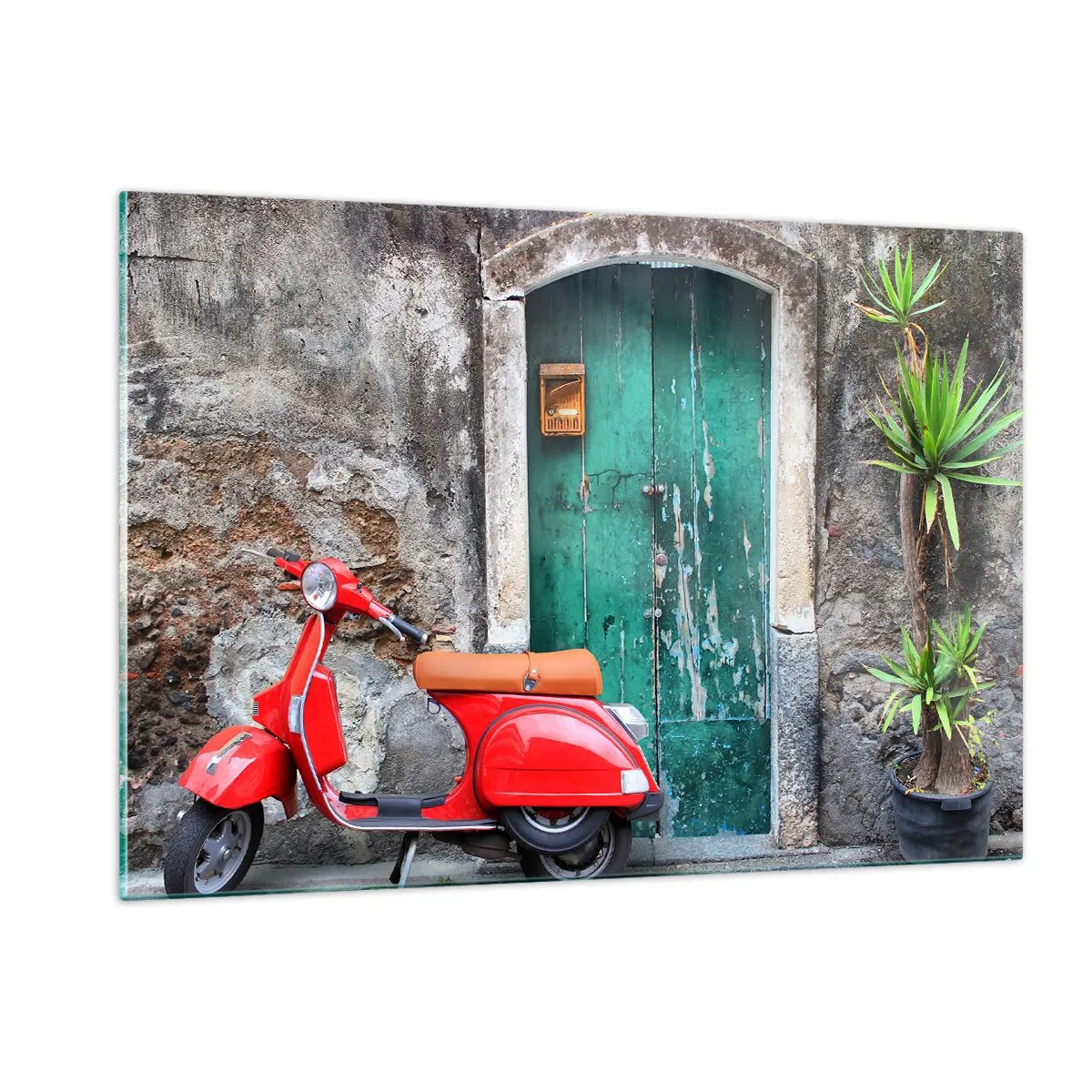 Impression sur verre - Image sur verre - Scooter rouge contre une porte verte - 120x80cm - Vacances italiennes - Décoration murale moderne pour le salon et la chambre ARTTOR