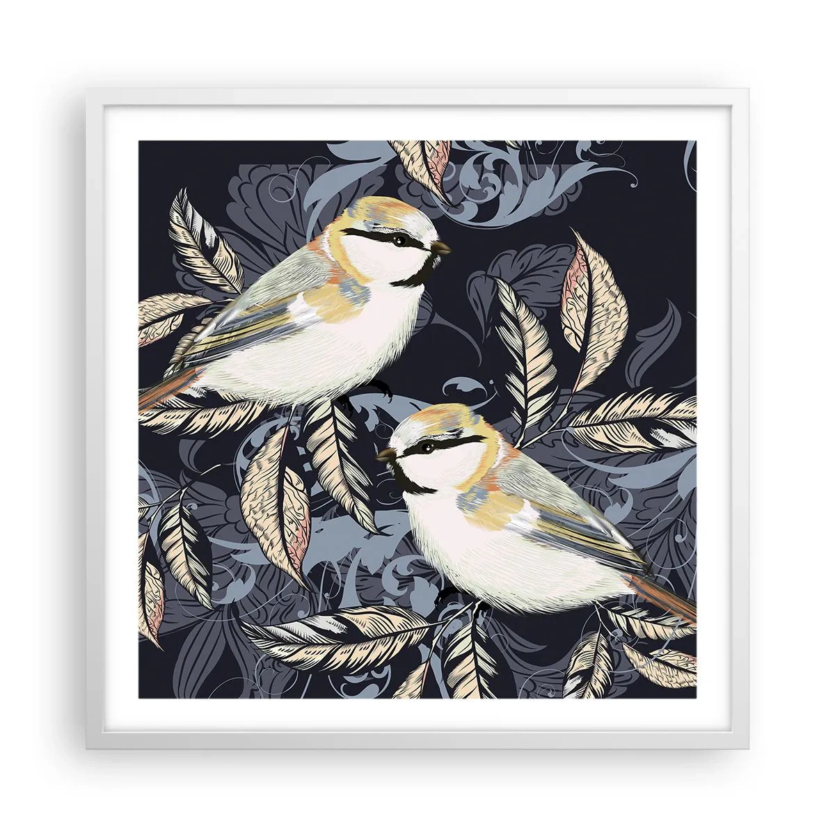 Affiche dans un cadre blanc - Poster - Babillement jaune et bleu - 60x60 cm