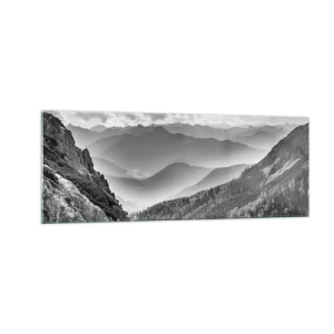 Impression sur verre - Image sur verre - Paysage de montagne en noir et blanc avec des nuages au-dessus des sommets - 140x50cm - Jusqu'à l'horizon - Décoration murale moderne pour le salon et la chambre ARTTOR