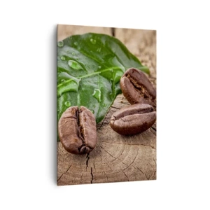 Impression sur toile - Image sur toile - Grains de café et feuille verte sur fond de bois - 70x100cm - La plus vraie et noire - Décoration murale moderne pour le salon et la chambre ARTTOR