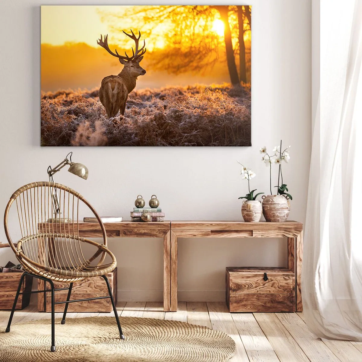 Impression sur toile - Image sur toile - Un cerf sur fond de forêt d'automne illuminée par le soleil doré - 70x50cm - Roi de la forêt automnal - Décoration murale moderne pour le salon et la chambre ARTTOR