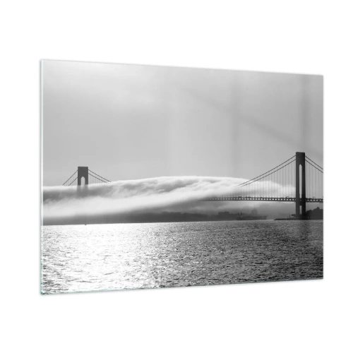 Impression sur verre - Image sur verre - Un pont en noir et blanc avec du brouillard sur l'eau - 100x70cm - Naviguez à travers les Portes des Étoiles - Décoration murale moderne pour le salon et la chambre ARTTOR