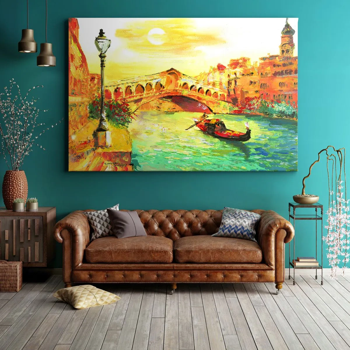 Impression sur toile - Image sur toile - Un pont pittoresque sur le canal avec une gondole à la lumière du soleil couchant - 100x70cm - Un pèlerinage d'amoureux - Décoration murale moderne pour le salon et la chambre ARTTOR
