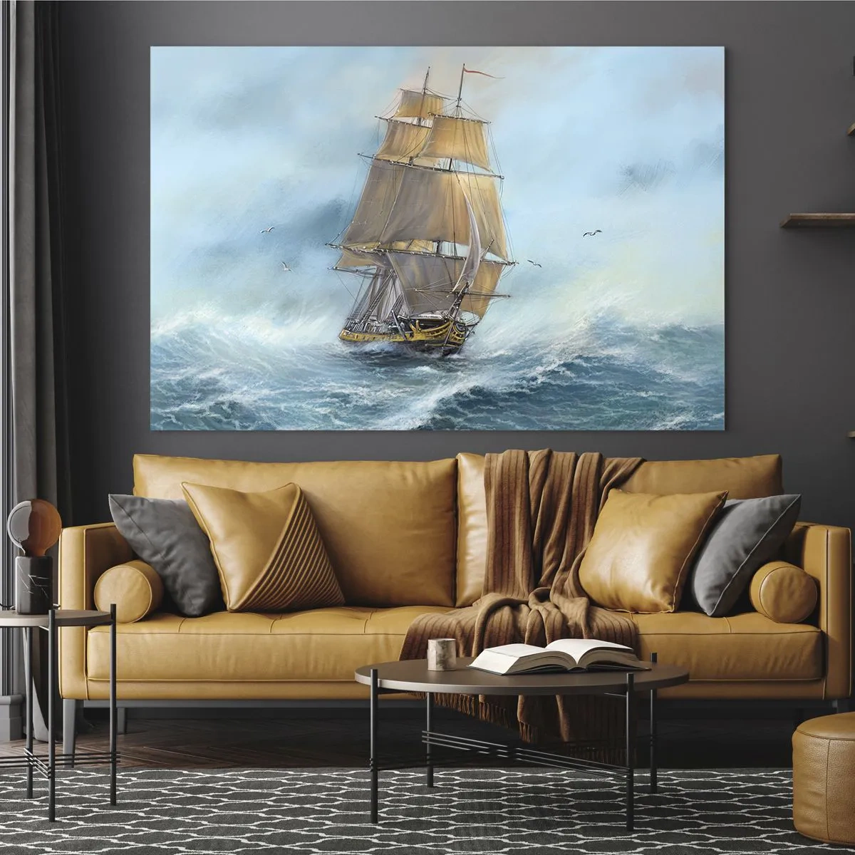 Impression sur verre - Image sur verre - Un voilier sur une mer agitée dans un style pictural - 100x70cm - Se précipitant sur les vagues - Décoration murale moderne pour le salon et la chambre ARTTOR