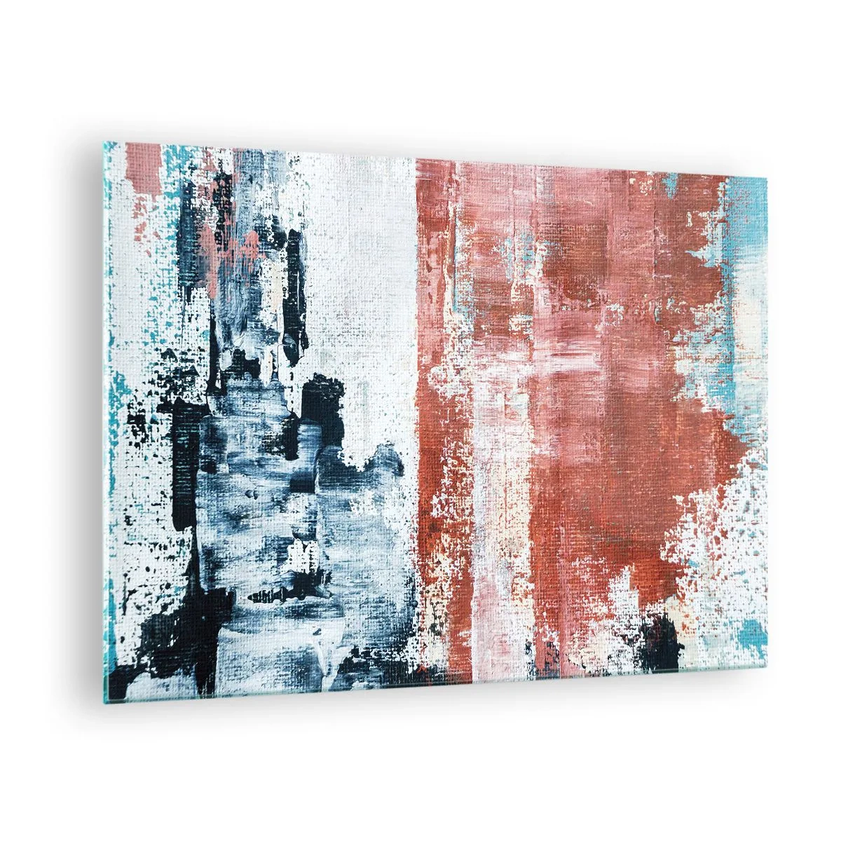 Impression sur verre - Image sur verre - Une combinaison abstraite de bleu et de rouge rouille - 70x50cm - Moitié-moitié abstrait - Décoration murale moderne pour le salon et la chambre ARTTOR