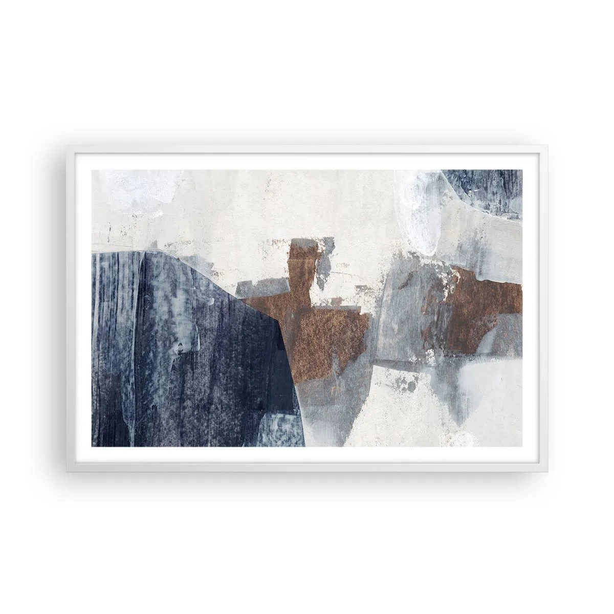Affiche dans un cadre blanc - Poster - Formes bleues et brunes - 91x61 cm