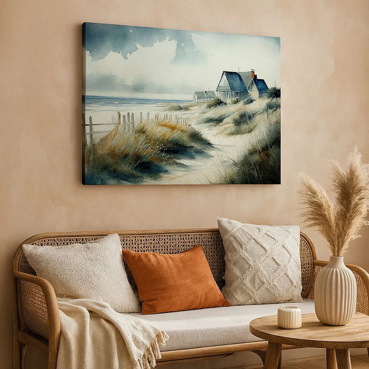 Impression sur toile - Image sur toile - Une maison de bord de mer entourée d'herbe et surplombant la mer - 70x50cm - Loin de l'agitation - Décoration murale moderne pour le salon et la chambre ARTTOR
