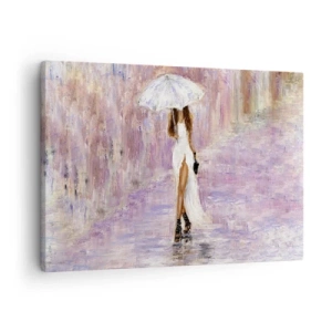 Impression sur toile - Image sur toile - Une femme avec un parapluie marchant sous la pluie dans des tons lilas - 70x50cm - Sous la pluie lilas - Décoration murale moderne pour le salon et la chambre ARTTOR